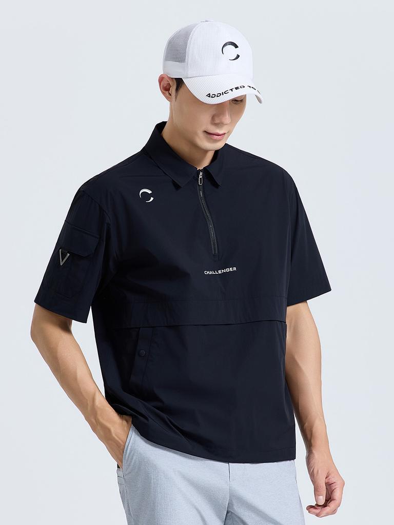 CHALLENGER Men'S Zero Light Zipper Collar Short Sleeve Woven Top Black