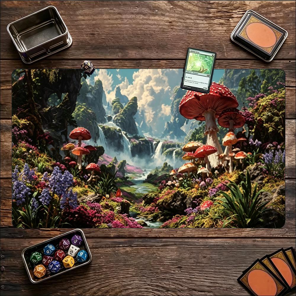 Magical Enchanted Mushroom Forest Large Game Playmat Non Slip Rubber Table Mat Stitched Edge For Card Game Laptop Gaming