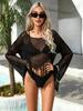 Women Hollow Out Long Sleeve Fringe Crochet Beach Bikini Cover Up