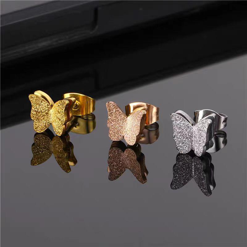 Elegant Frosted Double-Layer Butterfly Stud Earrings - Versatile Stainless Steel with Screw-back for Women