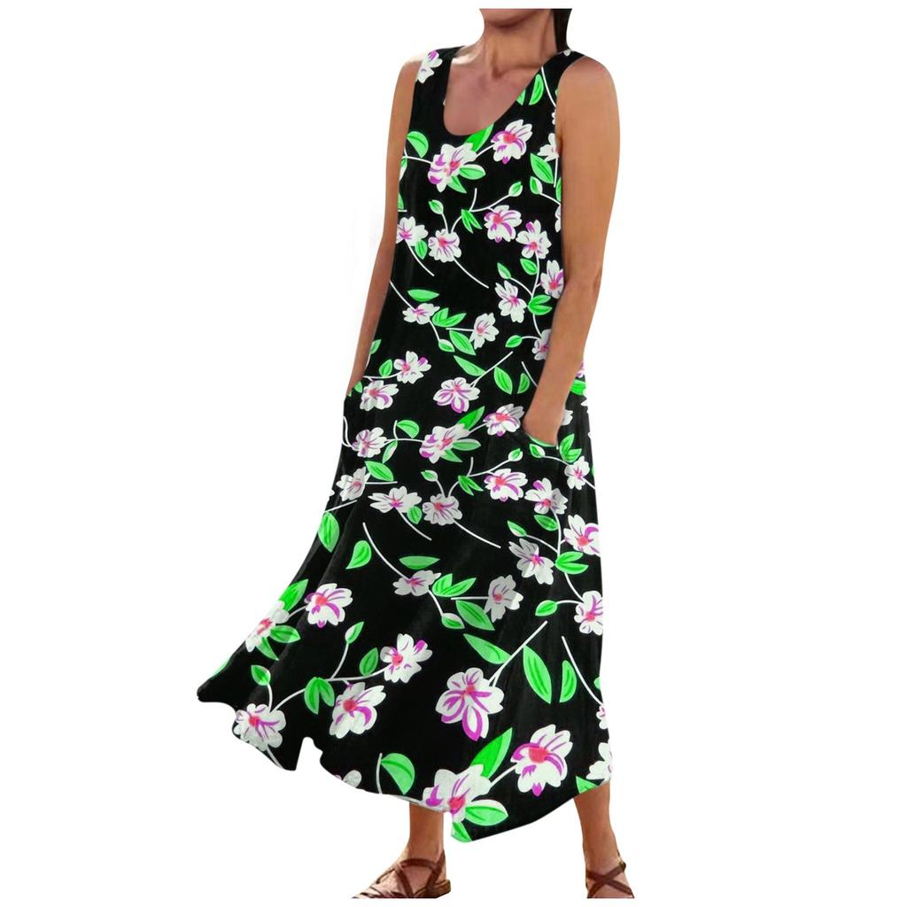 Women's Casual Comfortable Floral Print Sleeveless Cotton Pocket Dress