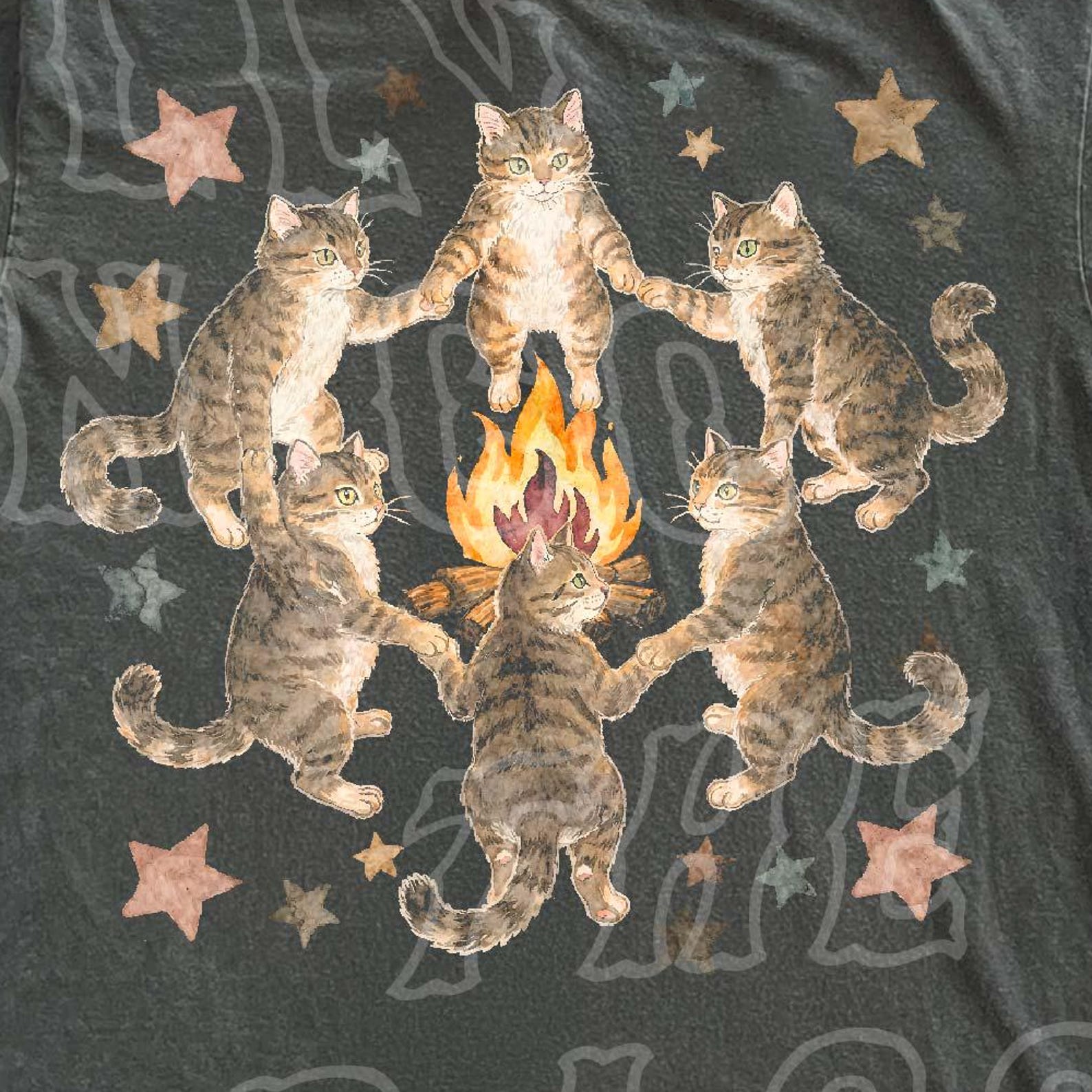 Dancing Cats Campfire Shirt Funny Cat Lover Gift Vintage Whimsical Cottagecore Tee Cute Tabby Cat Graphic Unisex T-Shirt for Men Women M