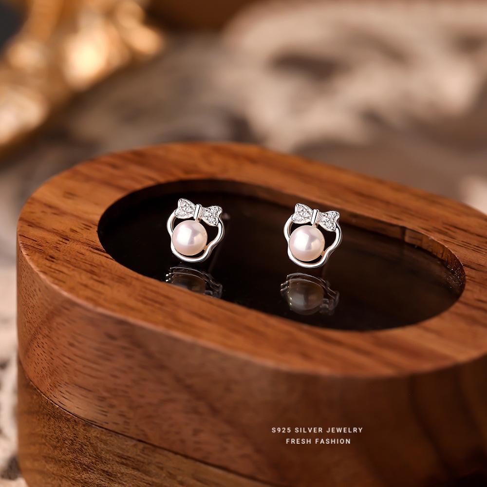 

925 Sterling Silver Freshwater Pearl Zircon Bow Earrings for Women Korean Exquisite Wedding Party Jewelry Accessories срібний