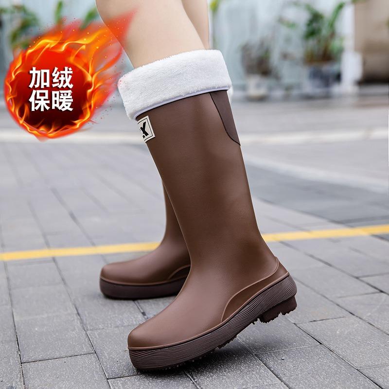 High tube rain shoes women's new fashion rain boots outdoor waterproof shoes rubber shoes fleece thickened long tube water boots women's fashion
