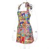 Women European Style Sexy Printed Halter Backless Tie High Waist Bodycon Mini Dress