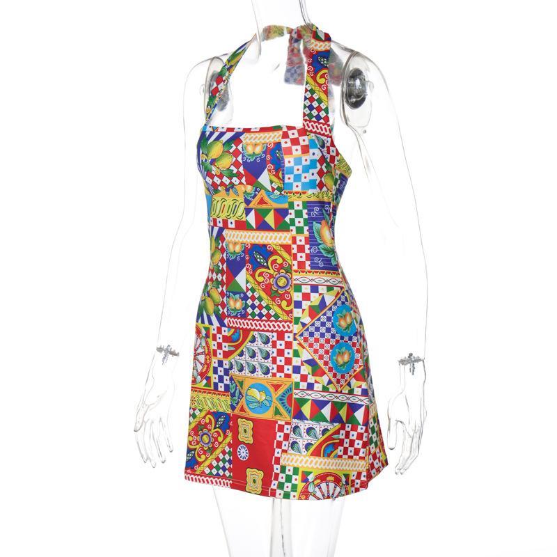 Women European Style Sexy Printed Halter Backless Tie High Waist Bodycon Mini Dress