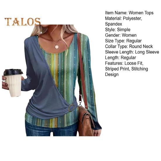 Damen-Oberteile, Rundhalsausschnitt, Langarm, Pullover, Tops, Streifendruck, Spleißdesign, lässig, lockeres T-Shirt für den Alltag