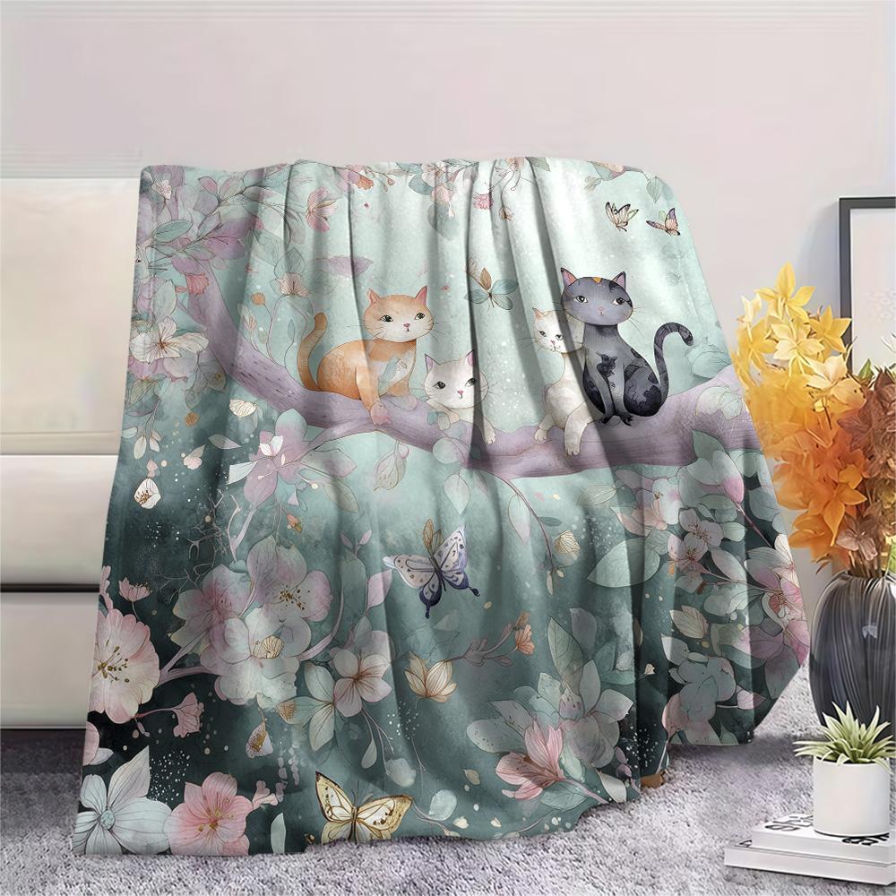 Butterfly Cat on a Branch  Print Flannel Blanket, High quality Comfortable for All Seasons, Home Decor, Warmth and Comfort