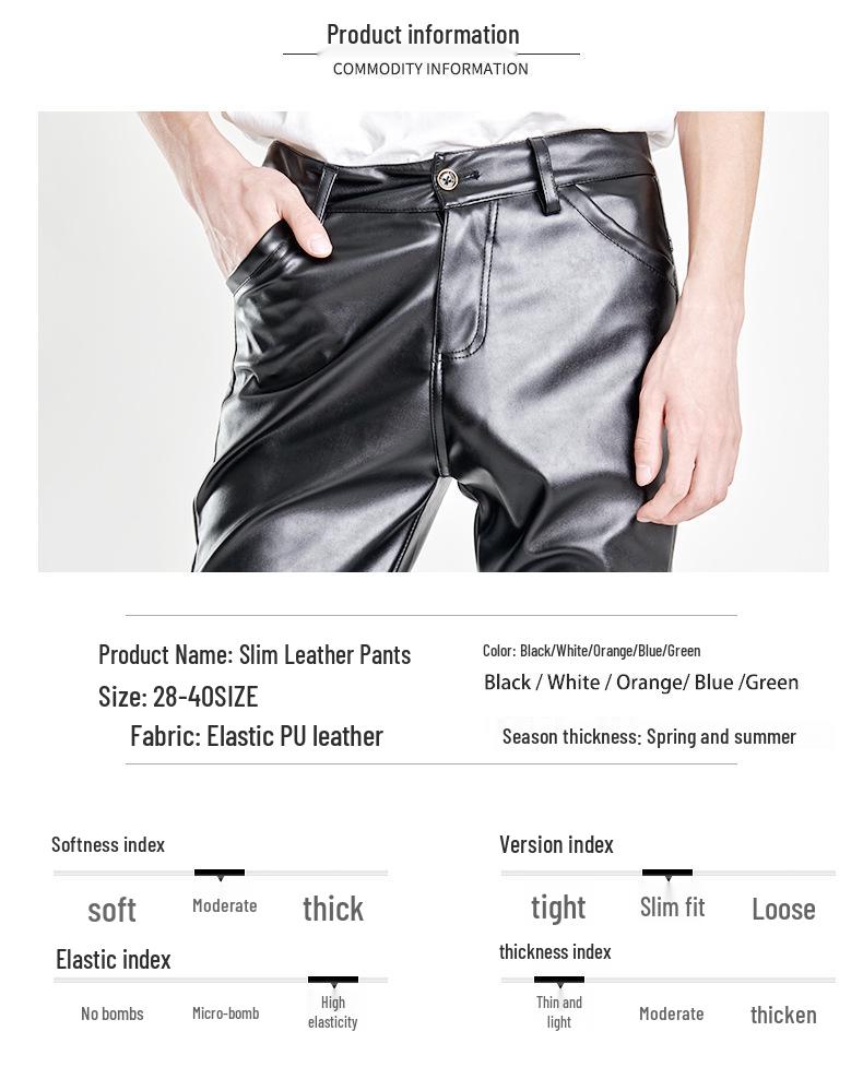 Spring/Summer Men's Slim Fit Elastic Leather Pants - Green Bar Orange, Breathable & Lightweight