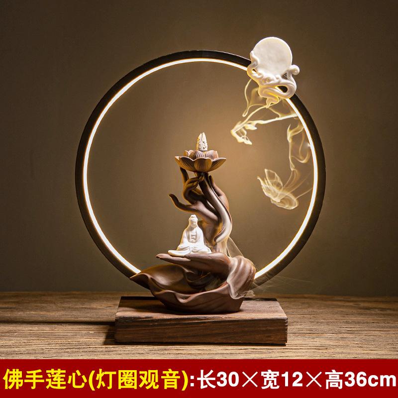 Feng Shui Chinese-style Purple Clay Inverted Flow Incense Burner, Zen-inspired Buddha's Hand Lotus Heart Lamp Ring Ornament, Cer