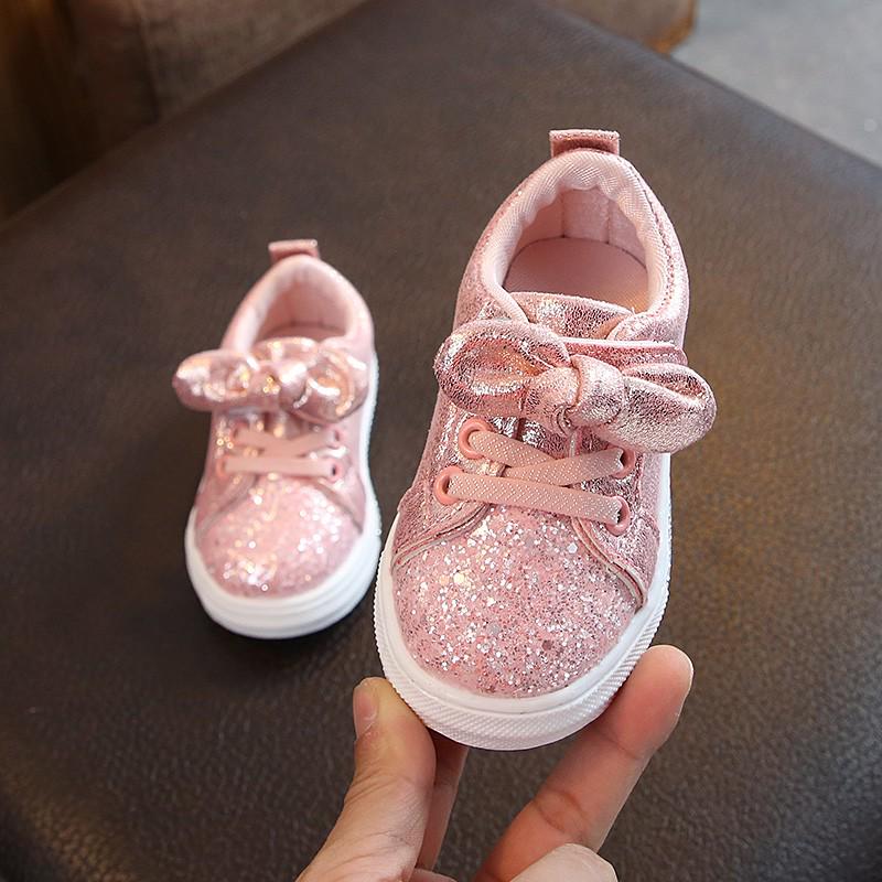 Children Baby Girls Boys Bling Sequins Bowknot Crystal Run Sport  Shoes