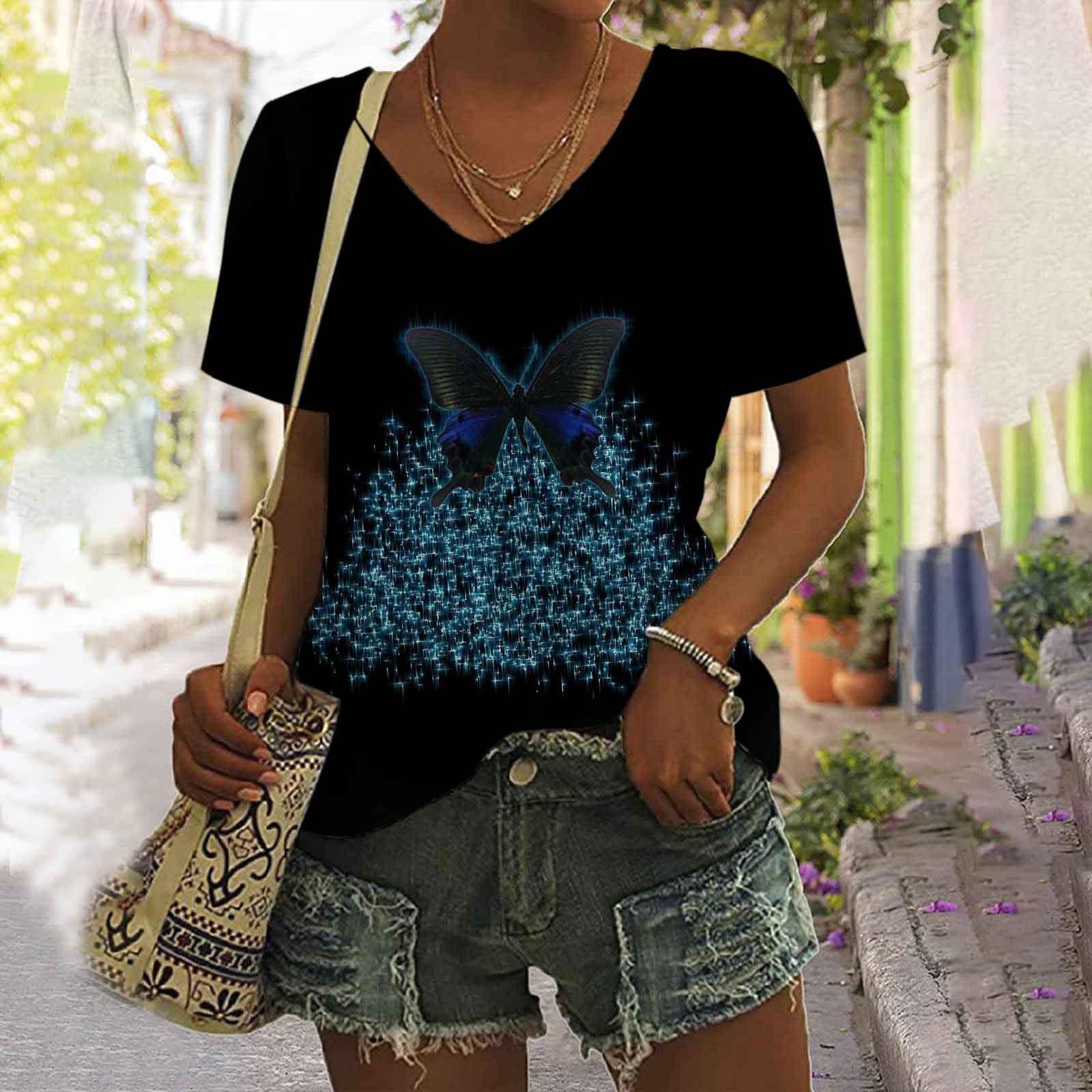 Женская футболка с V-образным вырезом и цифровым принтом в виде бабочки в стиле ретро — фото 7