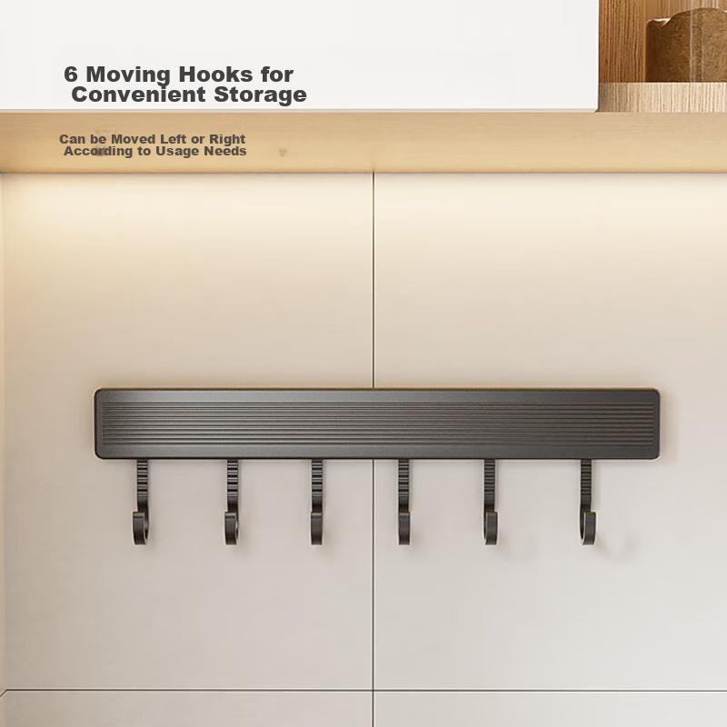 Kitchen Storage Rack, No Drilling Required, Space Aluminum Movable Hooks, Knife Holder, Pot Lid Rack, Household Storage Rod with Hooks, 40cm