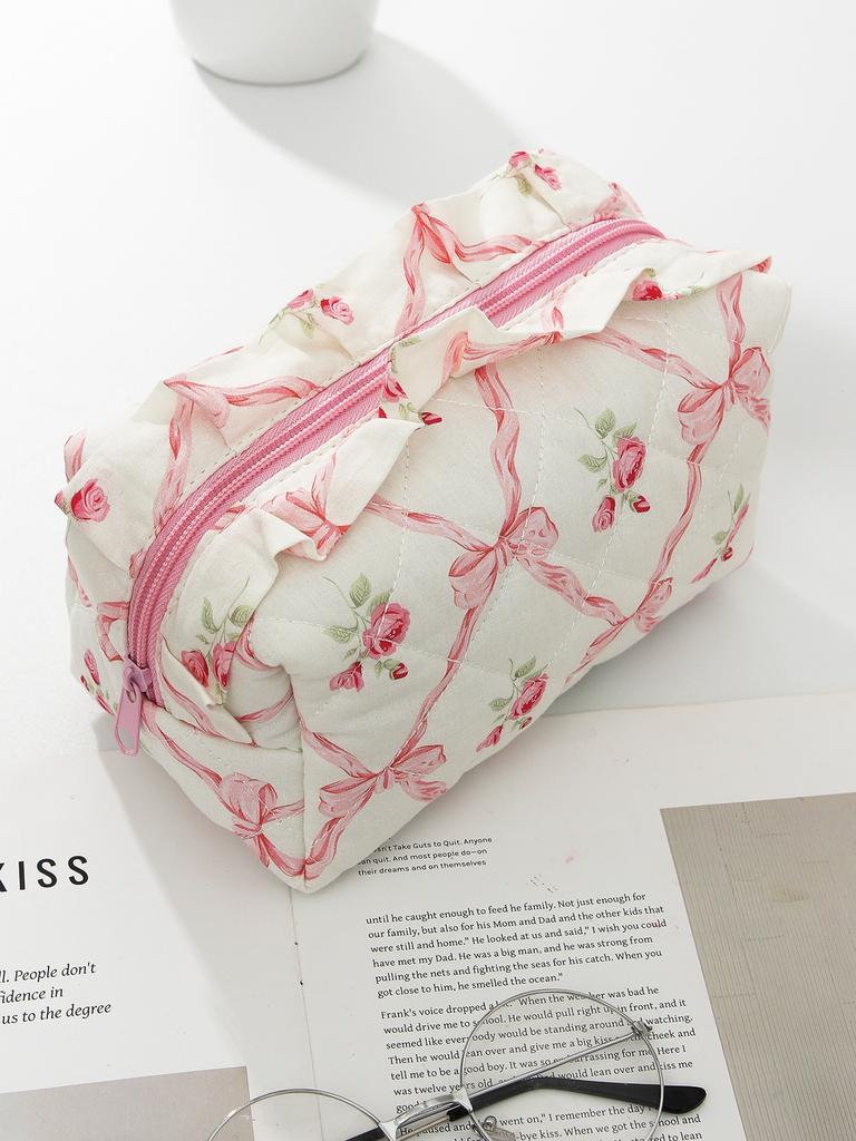 Lace Bow Cosmetic Bag Student Ribbon Quilted Pencil Bag Portable Toiletries Bag Liner Bag