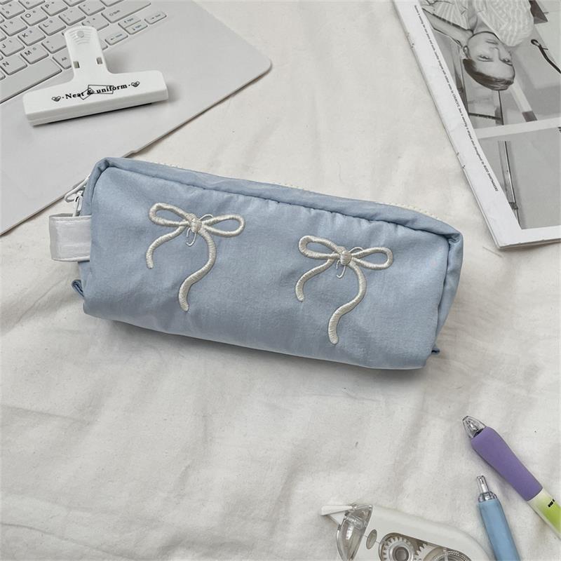 Cute Simple Bowknot Hand-Held Pencil Case Girly Pencil Bags Large Capacity Portable Student Stationery Storage Bag School Supply