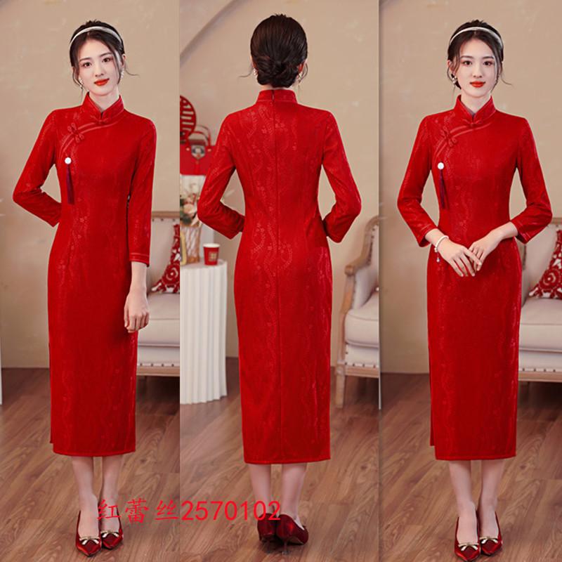 Red lace long bridal wedding cheongsam autumn new fashion improved young women red long-sleeved cheongsam
