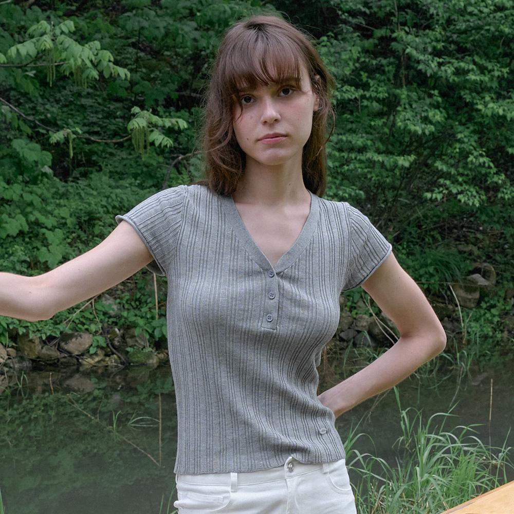 Elssibeui Tencel V-Neck Button Knit_Gray