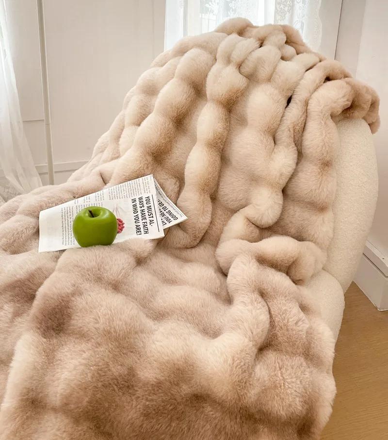2025 New Tokasfur Grass Blanket Rabbit Plush Blanket Long Fur Office Shawl Blanket