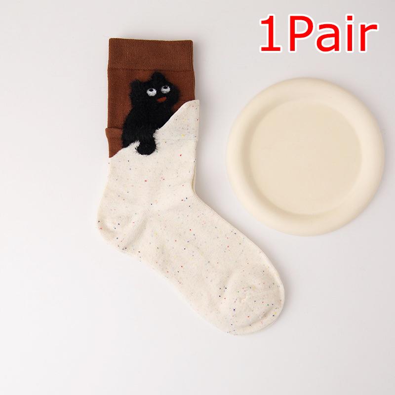 

1/4 пары носков Универсальные плюшевые с принтом кошек Удобные Единый размер Дышащие носки до середины икры Милые Разноцветные 1PC