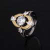 Vintage Schwarz-Gold Zweifarbig Damenring, Ovaler Hauptzirkonia, Blumiger Rahmen Voll Pavé Design, Eleganter Bling Schmuck Geschenk für Abendanlass Tägliches Tragen