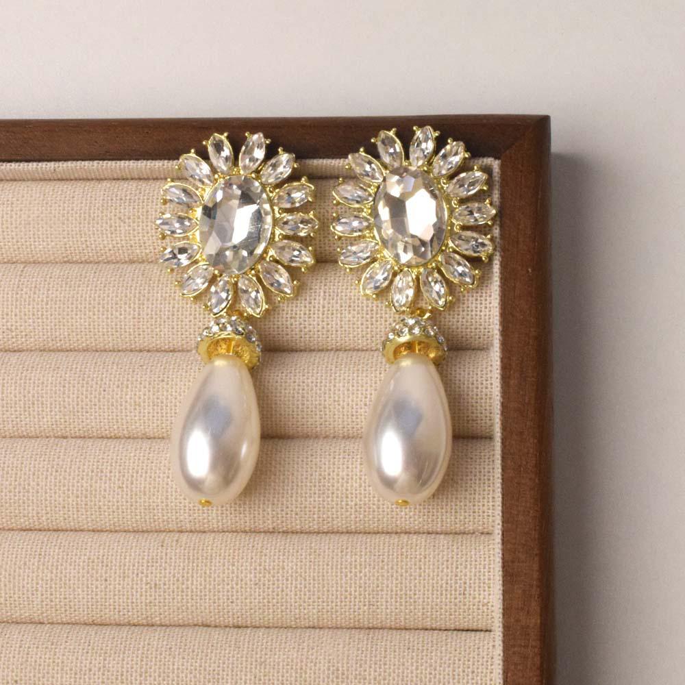 Franskt Vintage Pärlhalsband & Örhängesset med Diamantaccenter