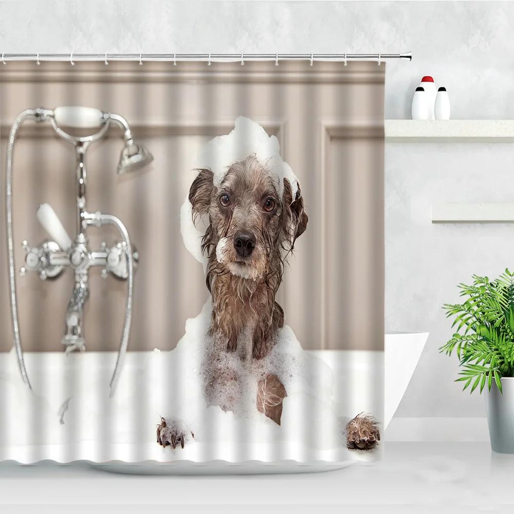 Waterproof Bathroom Shower Curtains Funny Animals Dog Bulldog Pet Pattern 3D Printing Fabric Bath Screens Hanging Curtain Decor