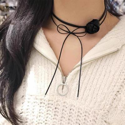 Double-Layer Leather Flower Bow Necklace Female Niche Design Sense Retro Personality Versatile Fashion Neck Chain Collarbone Chain