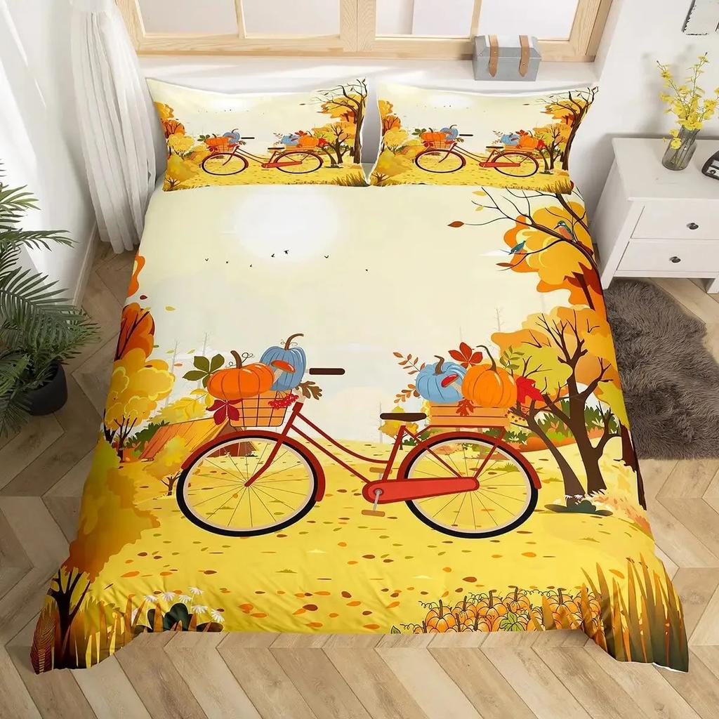 Thanksgiving Pumpkin Duvet Cover Set Maple Leaves Bedding Sets Truck Sunflower Comforter Cover Autumn Harvest Farmhouse Decor