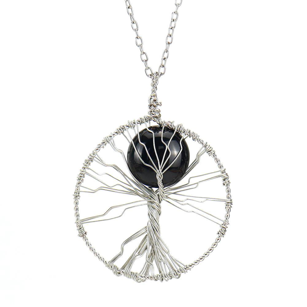 Hand-Wrapped Natural Crystal Agate Disc Tree Of Life Pendant Necklace N116