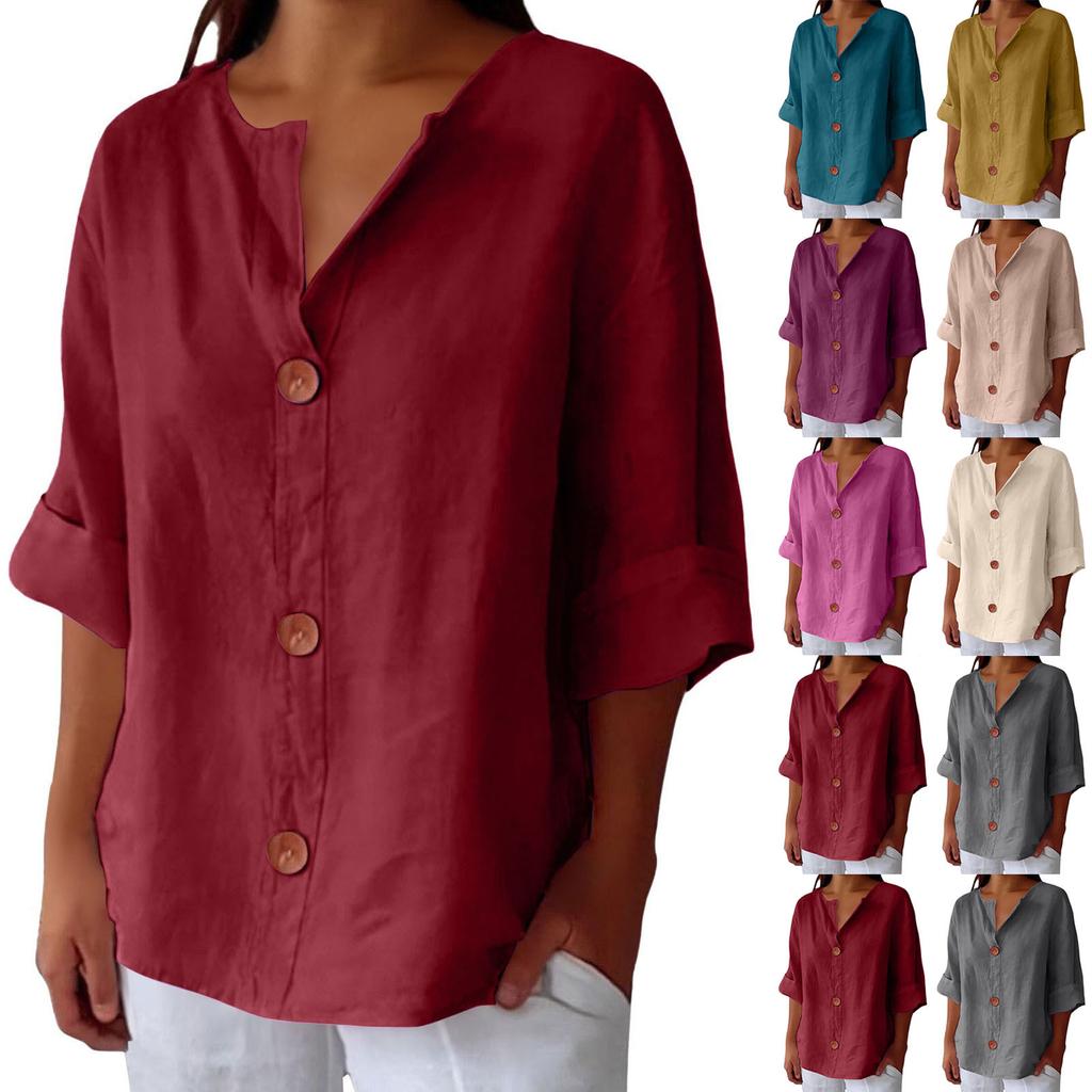 Mote dame casual V-hals kneppet syvarmet bomulls-t-skjorte topp