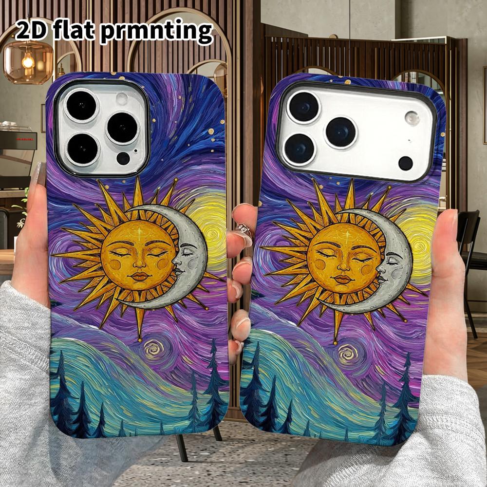 Phone Case: 2D Flat Design Suitable for iPhone 18, 17, 16, 15, 14, 13 Pro Film Protective Case, Couple Style, Sun and Moon Kiss, Christmas and Hallowe