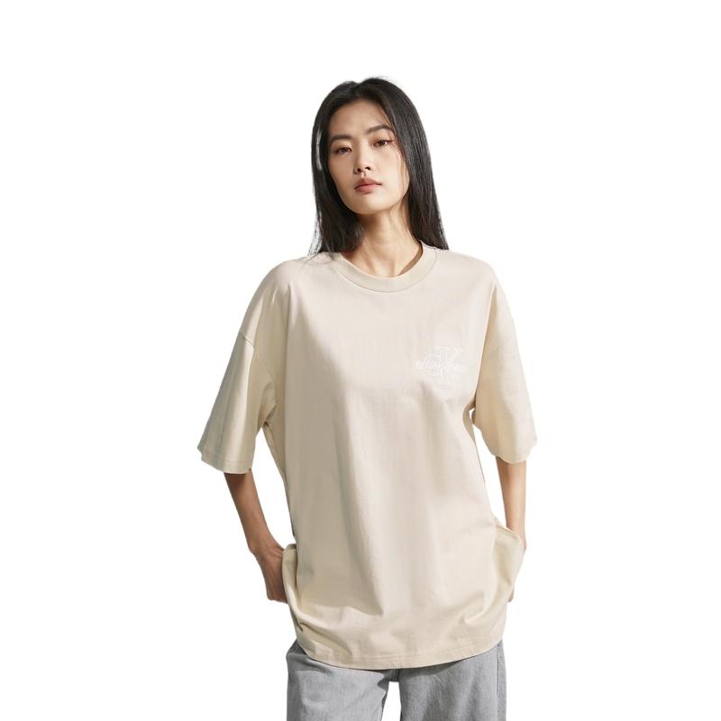 Calvin Klein Letter Print Cotton Short Sleeve T-Shirt Unisex Tops Light-Khaki J400321ACI