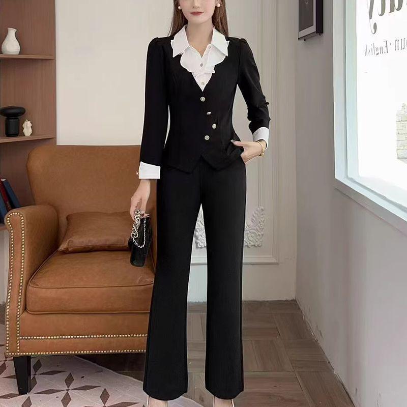 

Стильный весенний комплект из двух предметов, уменьшающий возраст и стройнящий, выполненный в технике пэчворк: Рубашка Топ и Повседневные брюки L (100-115 jin)