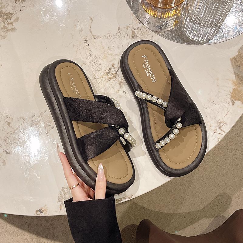 Fashion Aphixta Luxury Pearl Green Slippers Flat With Women Summer Shoes Outdoor Slides Flip Flop Muller Slippers Casual Beach Sandals