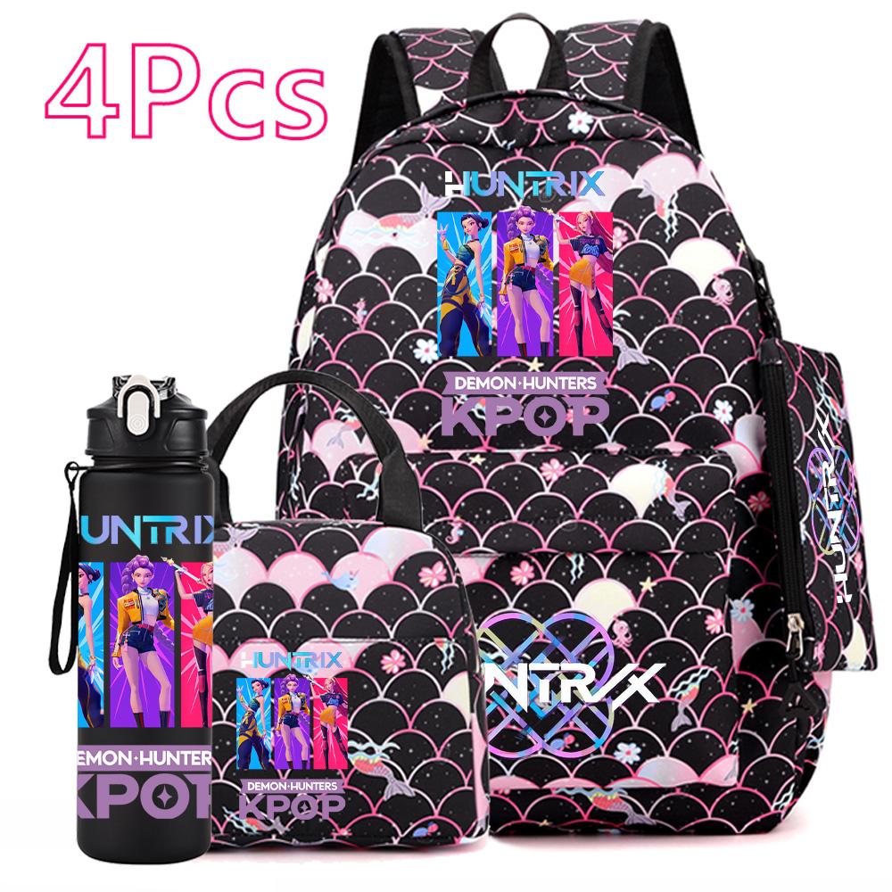 4Pcs/set Anime Cartoon Printed Backpack with Handbag Pencil Case 750Ml Water Bottler for Teenager Boy Girl Large Capacity Bookbag Schoolbag Mochila