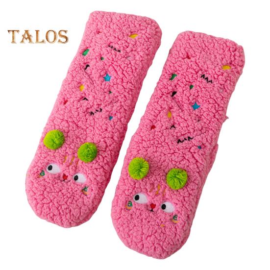 

1 пара зимних носков-тапочек с мультяшным дизайном и вышивкой животных, ультра-толстые флисовые носки средней длины с нескользящими вставками розовый