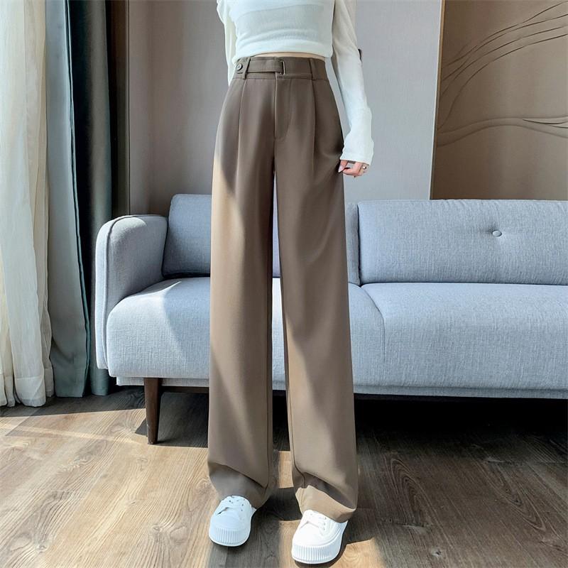 Womens High-Waisted Wide-Leg Trousers Slim Fit Tailored Pants Office Wear Gray