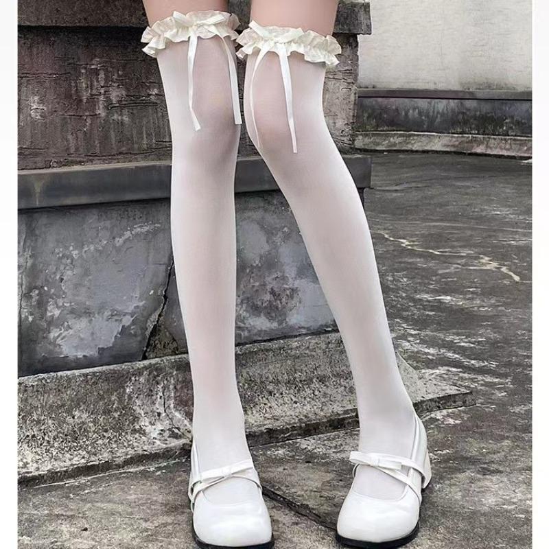 Damen Spitze Schwarz Weiß Rüschen Lange Socken Damen Mädchen Süße Strümpfe JK Lolita Nylon Spitze Leggings Über Knie Schleife Strumpfwaren