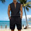 Men's Linen Plus Size Sleeveless Stand Collar Jogger Shorts Set with Drawstring