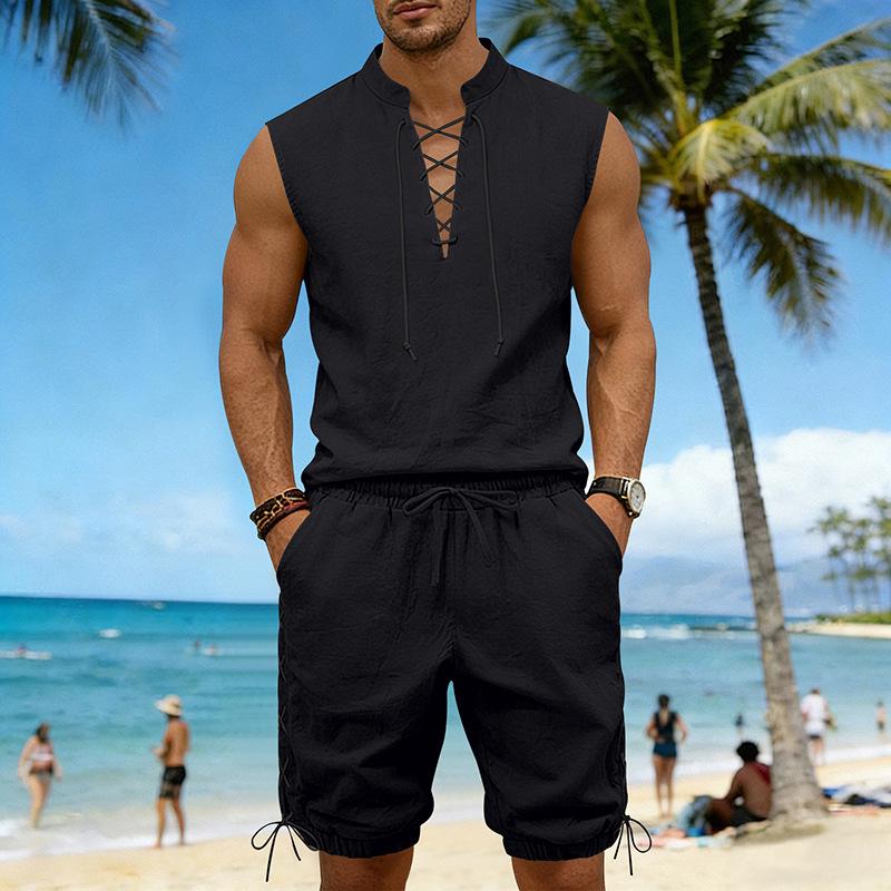 Men's Linen Plus Size Sleeveless Stand Collar Jogger Shorts Set with Drawstring