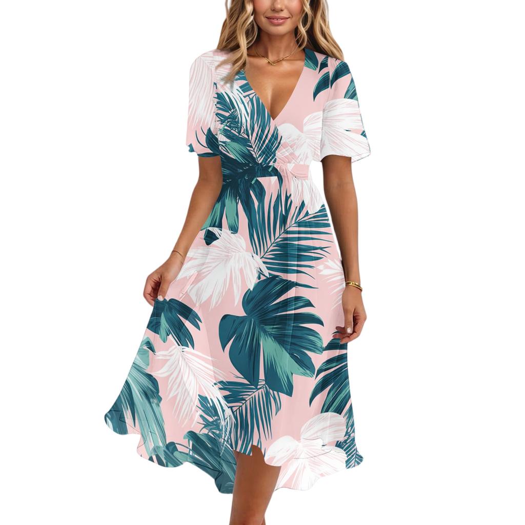 Women's Fashion Casual V Neck Short Sleeve Ruffled Vintage Printed Dresses