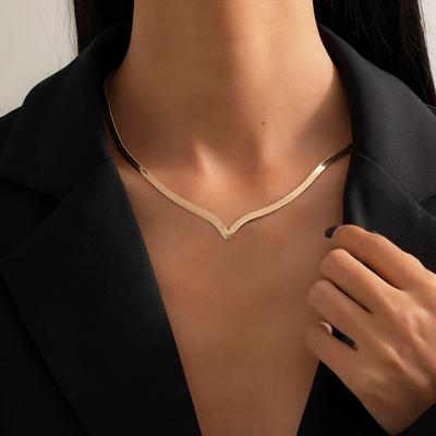 Simple Minimalist Copper Flat Snake Chain Choker Necklace Punk V-Shaped Short Collar Clavicle Necklace Women Jewelry