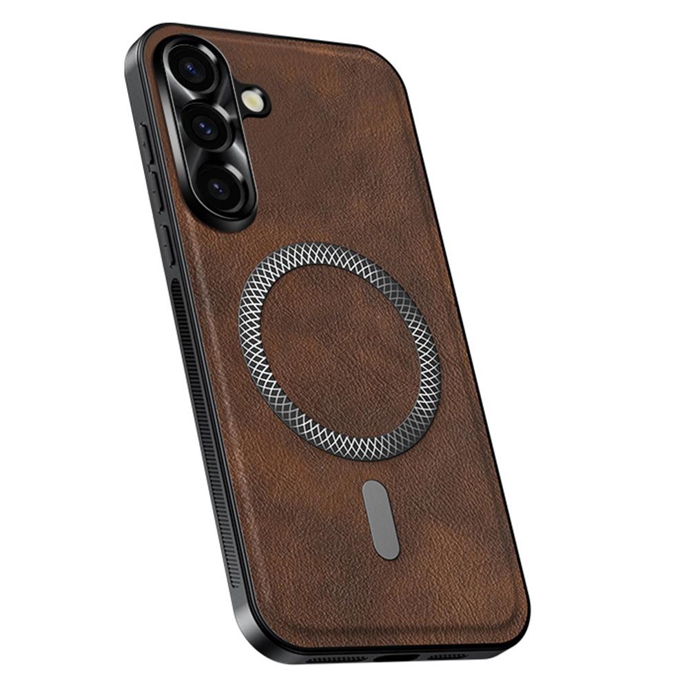 

Чехол для Samsung Galaxy A35 5G, совместимый с MagSafe, задняя крышка телефона из ПУ, ТПУ, ПК с металлическим ободком для объектива Brown