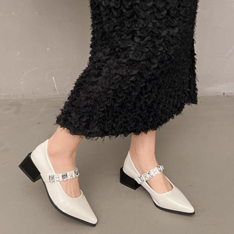 Fashion Square Heels Single Shoes Summer New Pointed Head Shallow Mouth Crystal Buckle Line with Anti-slip Wear-resistant Heel Shoes