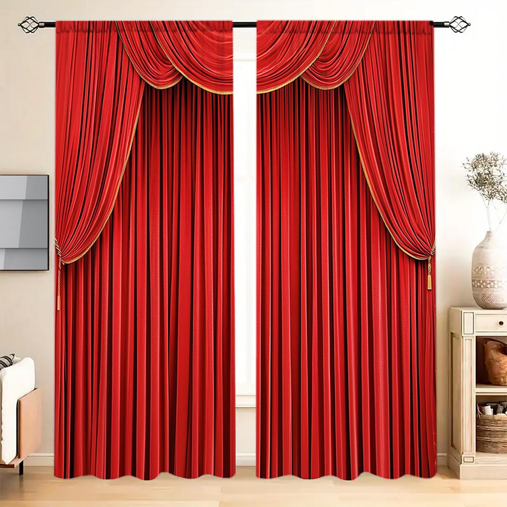 2pcs Bright Red Printed Curtain for Home Decor - Rod Pocket Window Treatment for Bedroom   Office   Kitchen   Living Room  and Study