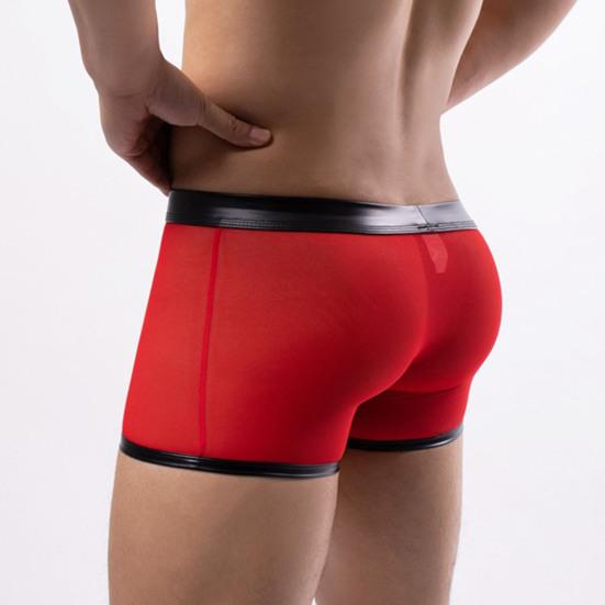 Sexy Herren-Unterhose, leicht zu öffnen, hohl, niedrige Taille, durchsichtiges Netz, Kunstleder, Patchwork, dünn, weich, atmungsaktiv, Boxershorts für Männer