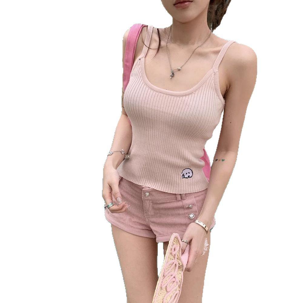 Spring 2025 Cartoon Embroidery Camisole: Women's Sweet & Spicy Slimming Top