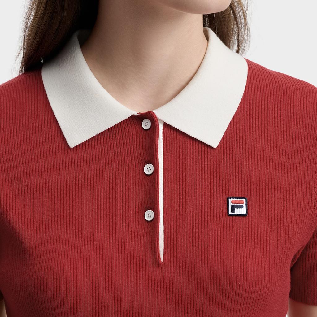 Fila Heritage Vintage Casual Versatile Fashion Woven Polo Knit Sweater Women Tops Red F11W628411FRD