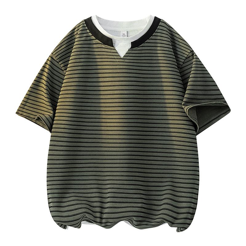 Retro Striped T-shirt Men's Summer Loose V-neck Half-sleeved T-shirt Men's Top