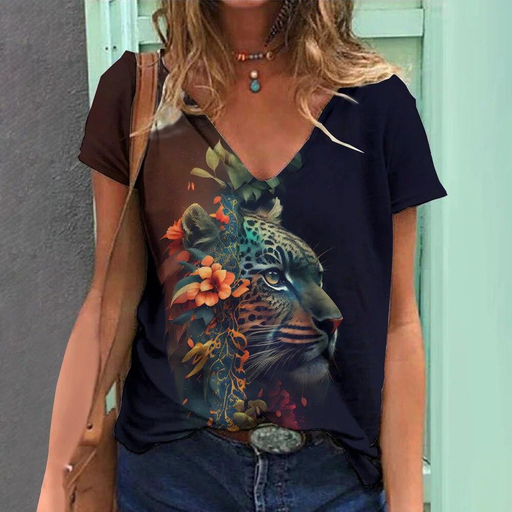 Summer V-neck 3D Animal Pattern Printed Top Fashionable Casual Short Sleeved Women's T-shirts